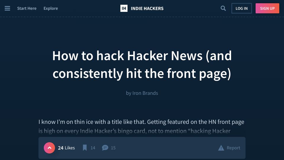 Screenshot of indiehackers.com: How we hack Hacker News and consistently hit the front page