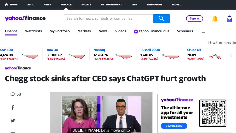 Screenshot of finance.yahoo.com: Chegg stock sinks after CEO says ChatGPT hurt growth