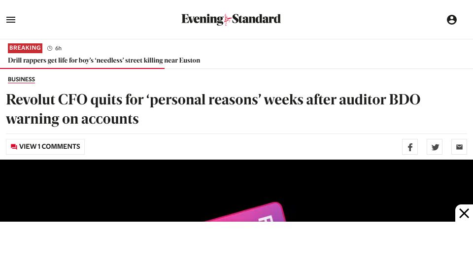 Screenshot of standard.co.uk: Revolut CFO quits after auditor BDO warning