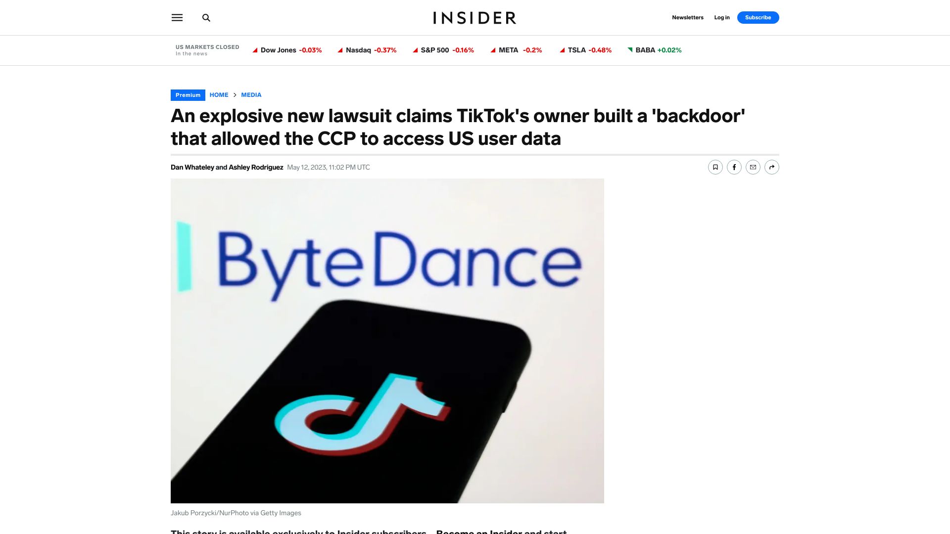 Screenshot of businessinsider.com: TikTok Owner Had 'Backdoor' for CCP Access to US Data, Lawsuit Alleges
