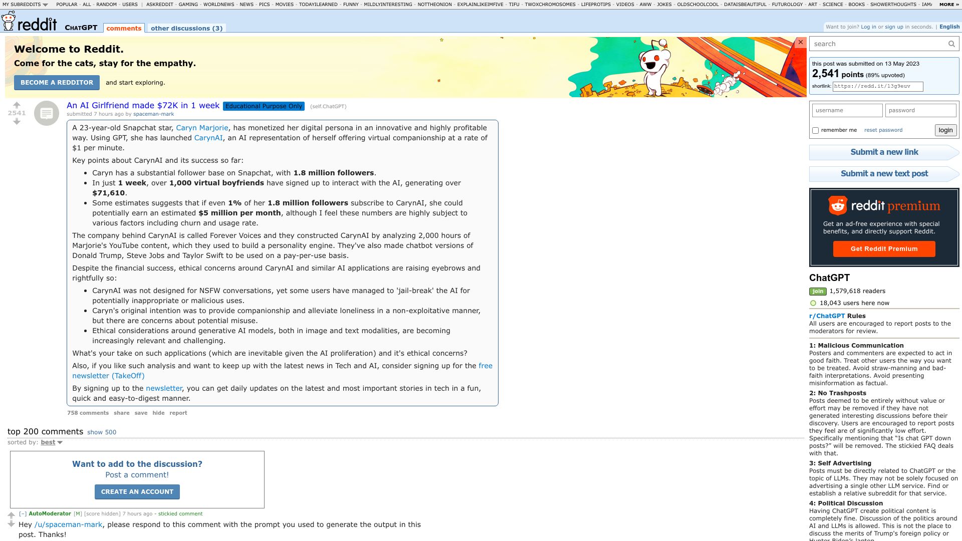 Screenshot of old.reddit.com: An AI Girlfriend made $72K in 1 week