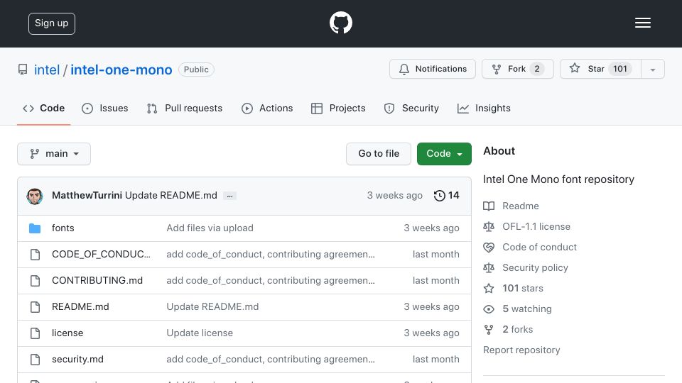 Screenshot of github.com: Intel One Mono Typeface