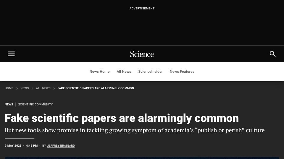 Screenshot of science.org: Fake scientific papers are alarmingly common