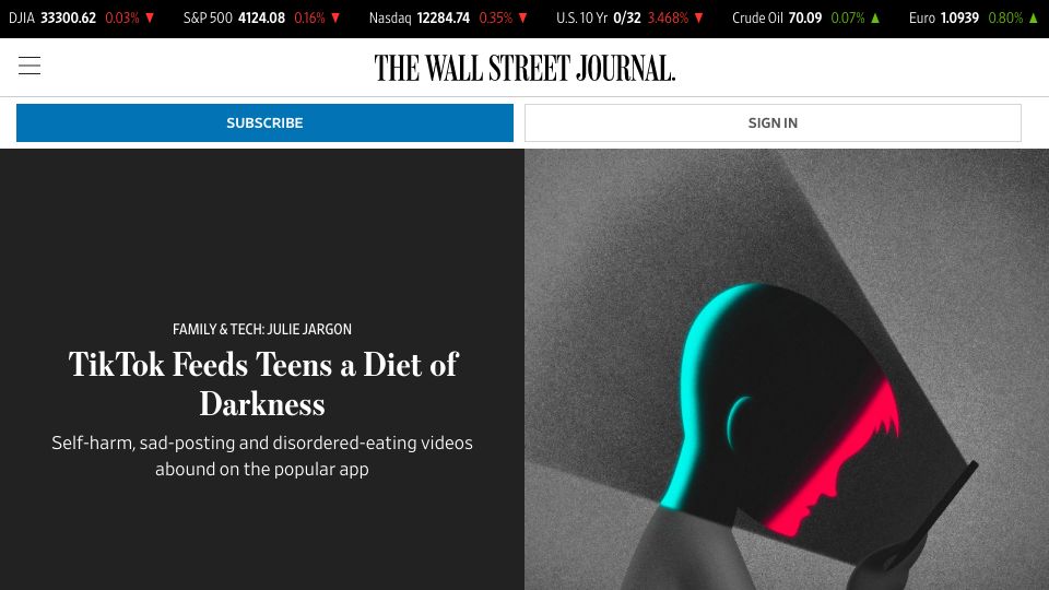 Screenshot of wsj.com: TikTok Feeds Teens a Diet of Darkness