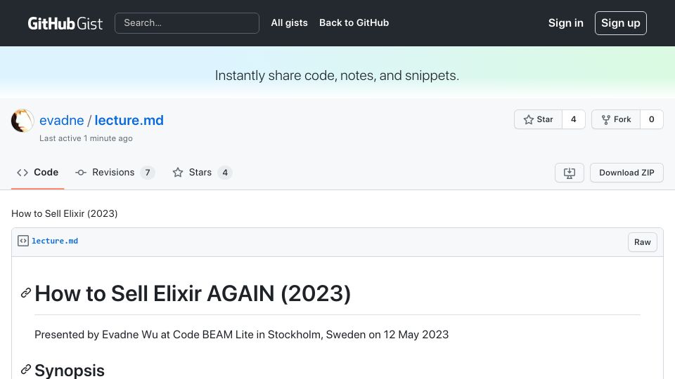 Screenshot of gist.github.com: How to sell Elixir again