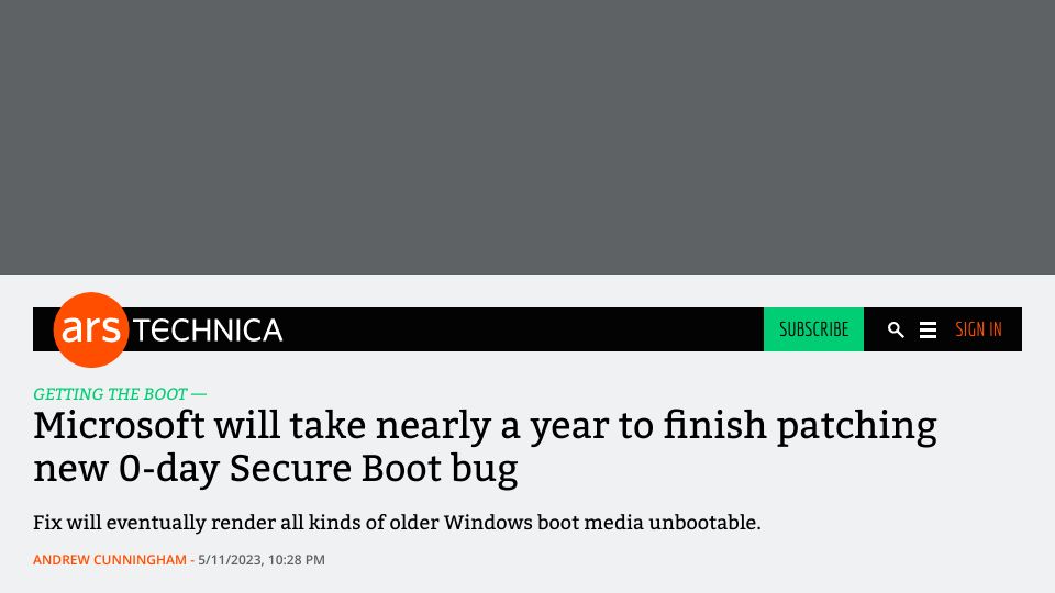 Screenshot of arstechnica.com: Microsoft will take nearly a year to finish patching new 0-day Secure Boot bug