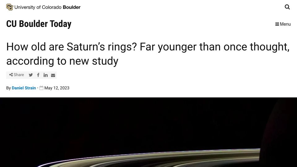 Screenshot of colorado.edu: Saturn's rings are far younger than once thought