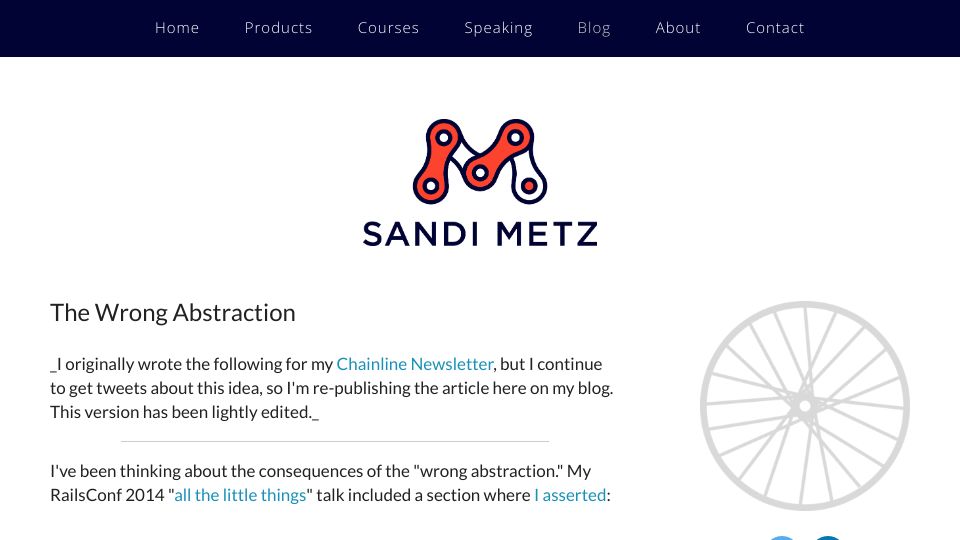 Screenshot of sandimetz.com: The Wrong Abstraction (2016)
