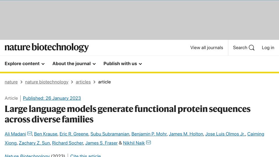 Screenshot of nature.com: Large language models generate functional protein sequences across families