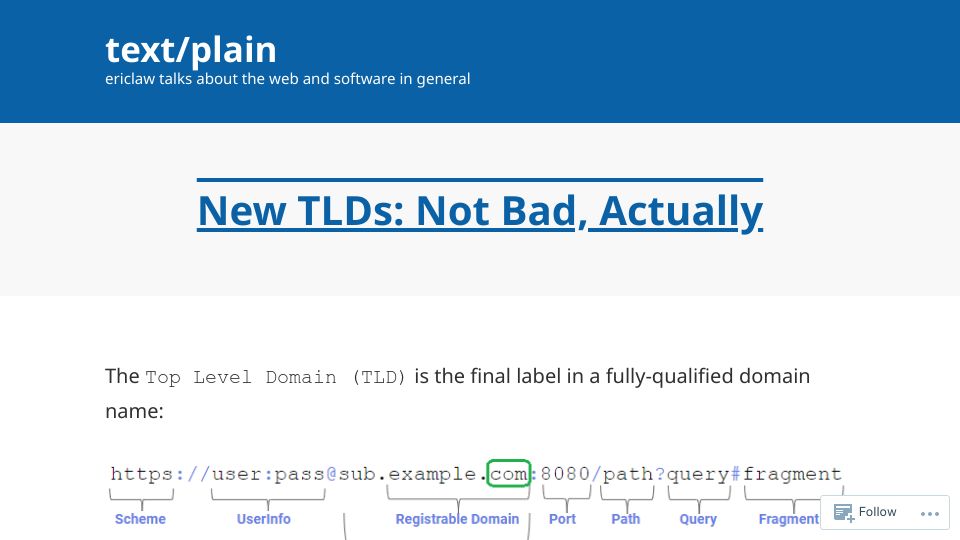 Screenshot of textslashplain.com: New TLDs: Not Bad