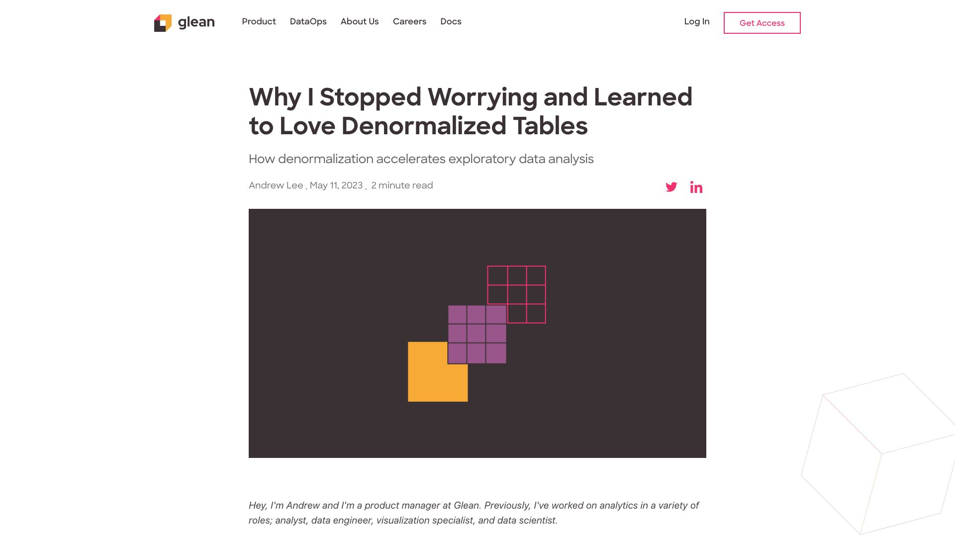 Screenshot of glean.io: I stopped worrying and learned to love denormalized tables