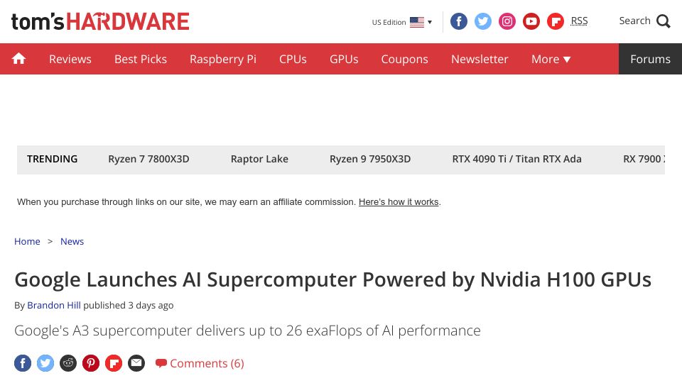 Screenshot of tomshardware.com: Google Launches AI Supercomputer Powered by Nvidia H100 GPUs