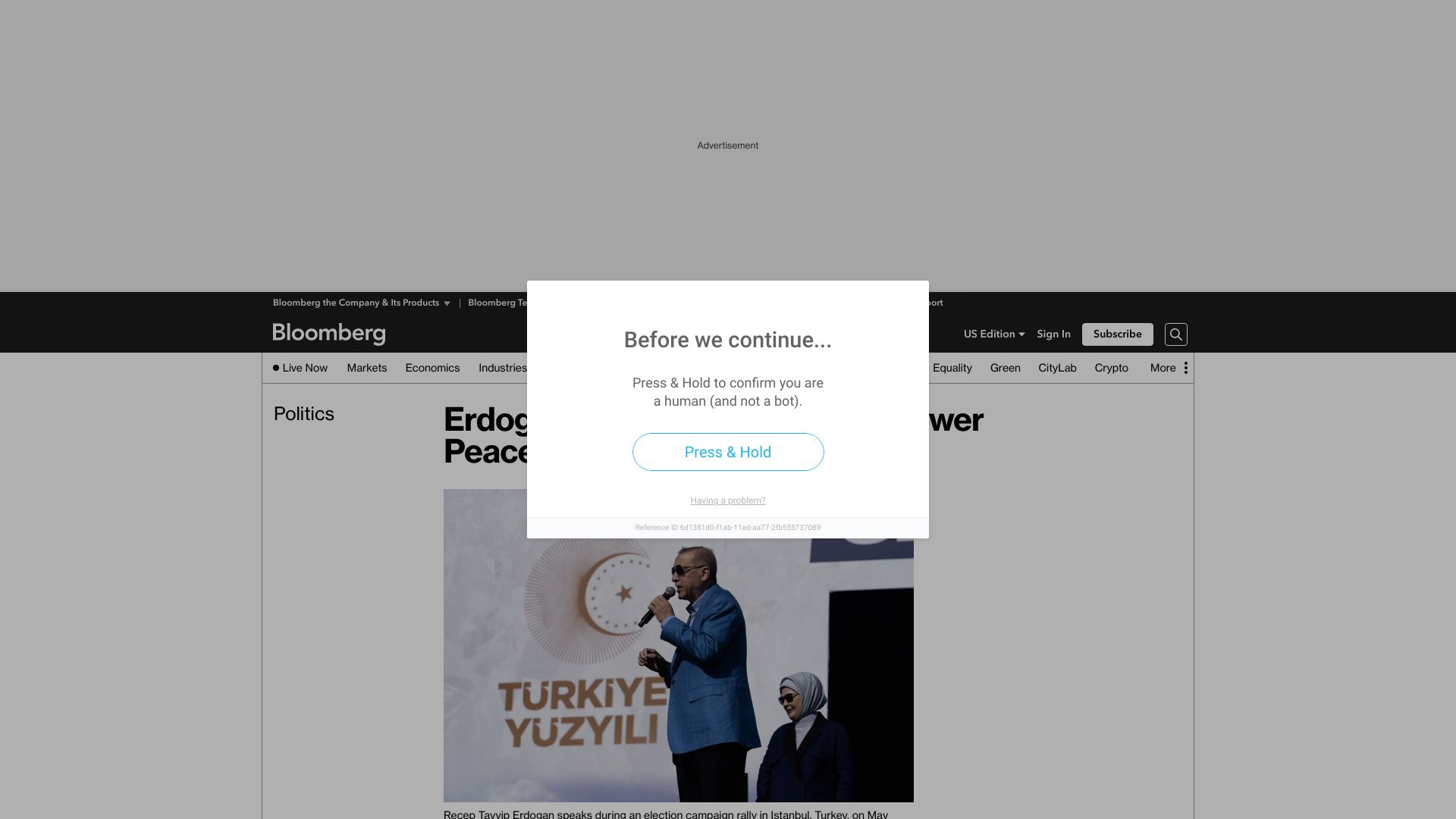 Screenshot of bloomberg.com: Erdogan Promises to Transfer Power Peacefully If He Loses Ballot