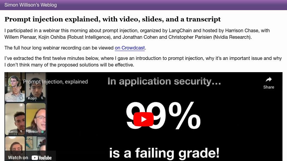 Screenshot of simonwillison.net: Prompt injection explained, with video, slides, and a transcript