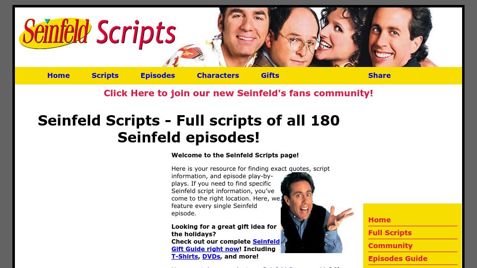 Screenshot of seinfeldscripts.com: Seinfeld Transcripts