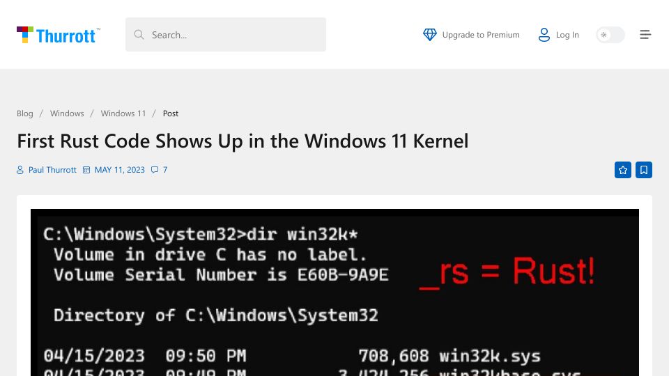 Screenshot of thurrott.com: First Rust code in the Windows 11 kernel