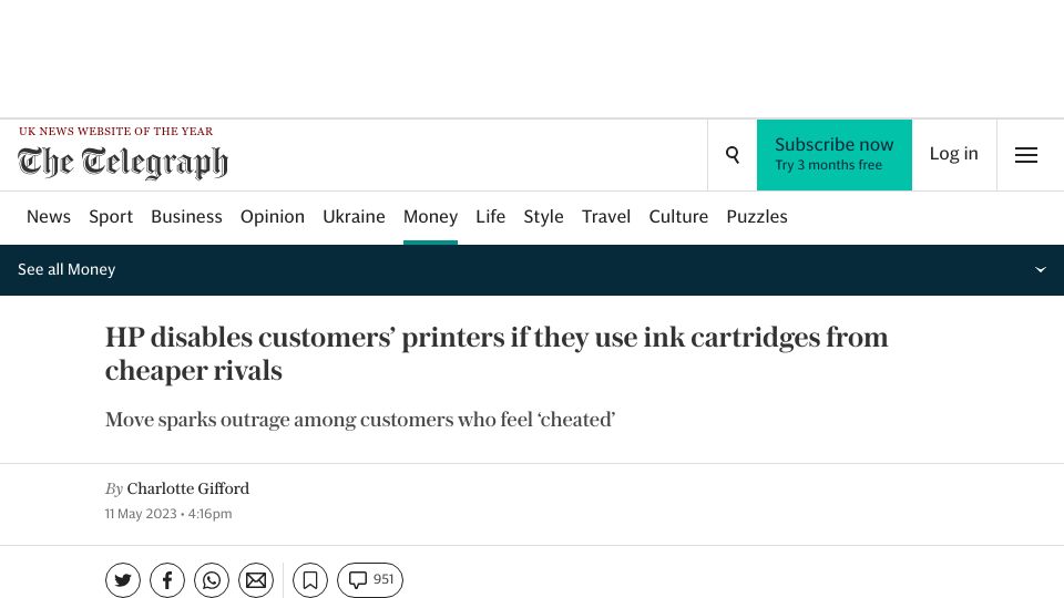 Screenshot of telegraph.co.uk: HP disables customers’ printers if they use ink cartridges from cheaper rivals