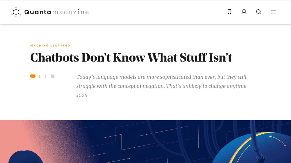 Screenshot of quantamagazine.org: Language models still struggle with the concept of negation