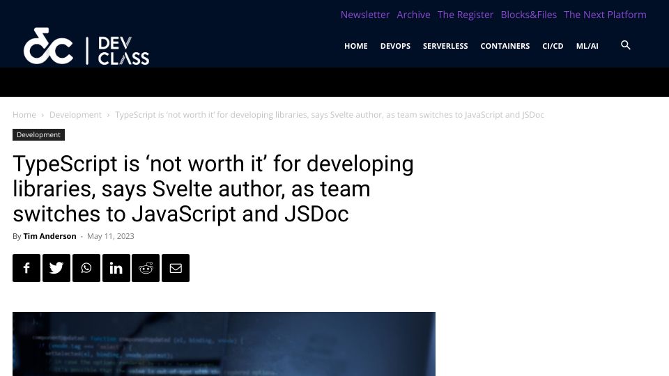 Screenshot of devclass.com: TypeScript is 'not worth it' Svelte switches to JavaScript and JSDoc
