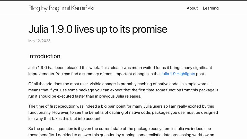 Screenshot of bkamins.github.io: Julia 1.9.0 lives up to its promise