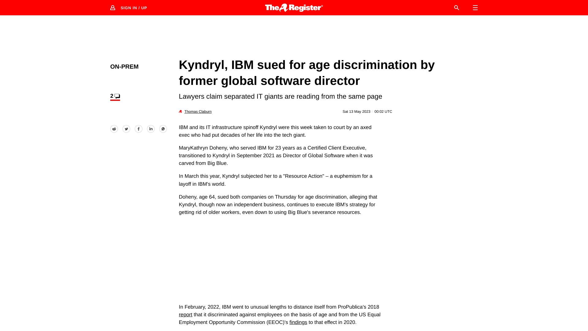Screenshot of theregister.com: IBM sued for age discrimination by former global software director