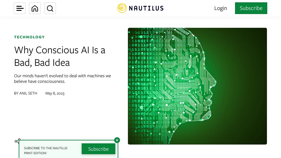 Screenshot of nautil.us: Why Conscious AI Is a Bad, Bad Idea