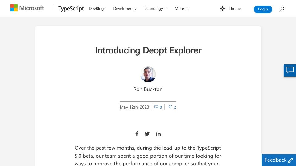 Screenshot of devblogs.microsoft.com: TypeScript team released an explorer for performance tuning