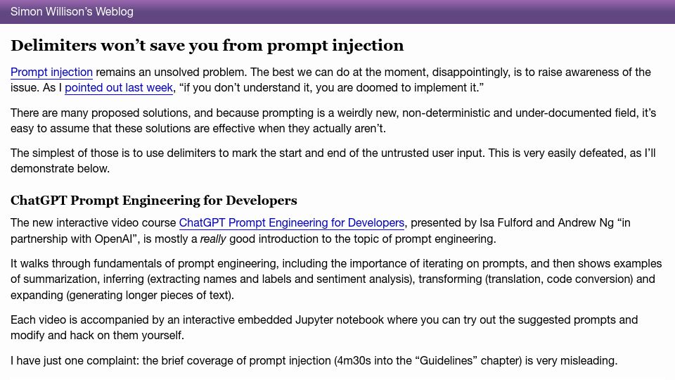 Screenshot of simonwillison.net: Delimiters won’t save you from prompt injection