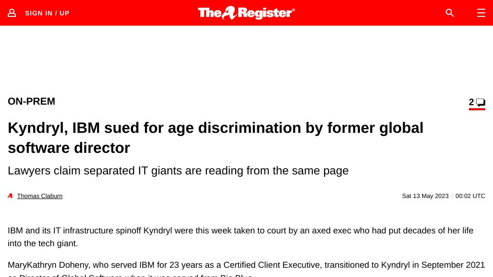 Screenshot of theregister.com: IBM sued for age discrimination by former global software director