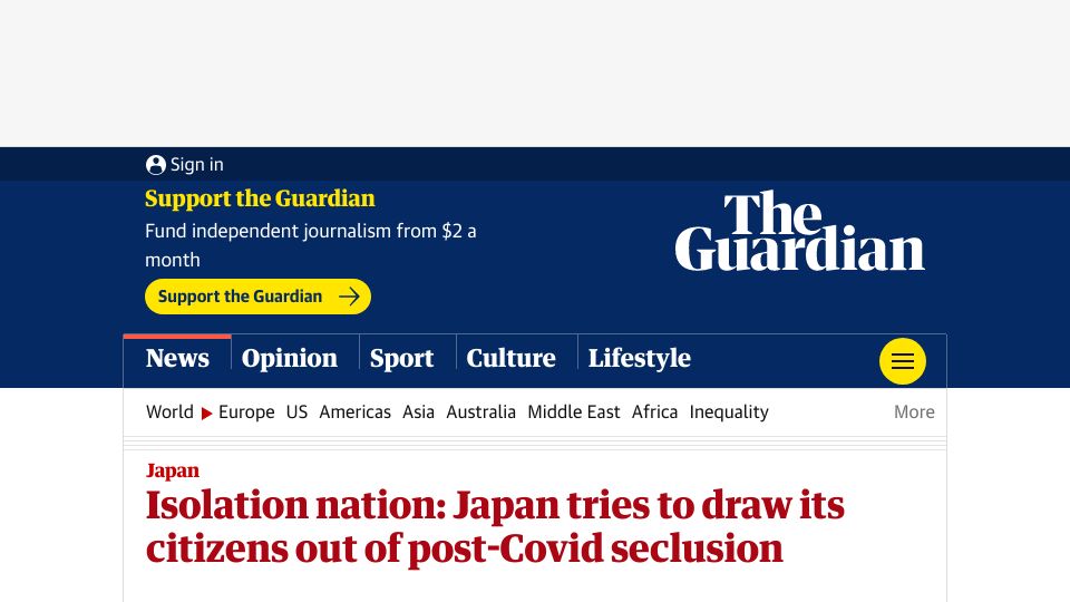 Screenshot of theguardian.com: Isolation nation: Japan tries to draw its citizens out of post-Covid seclusion