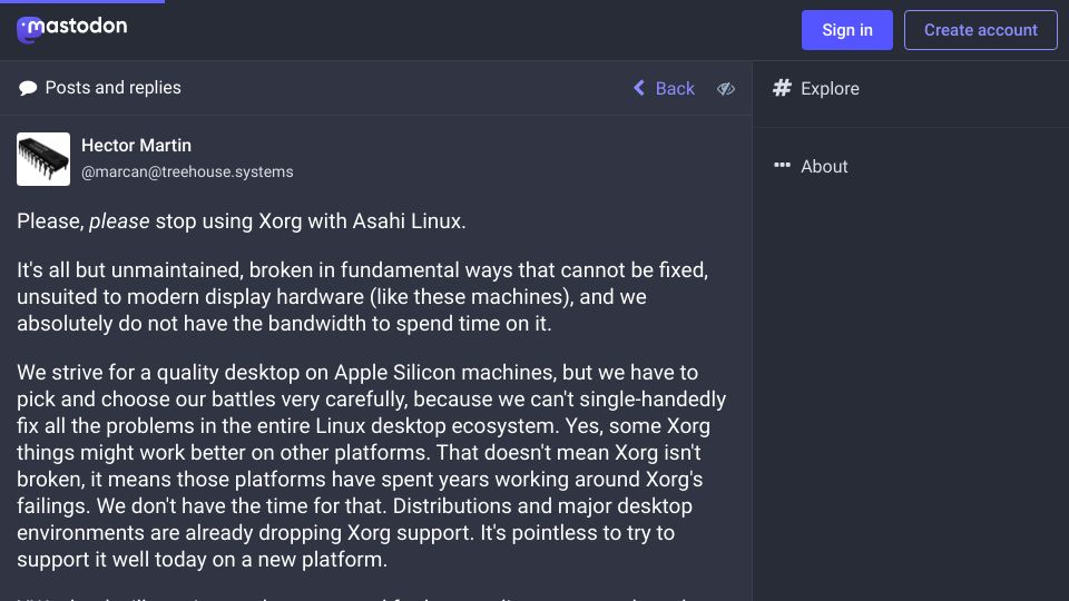 Screenshot of social.treehouse.systems: Please, please stop using Xorg with Asahi Linux