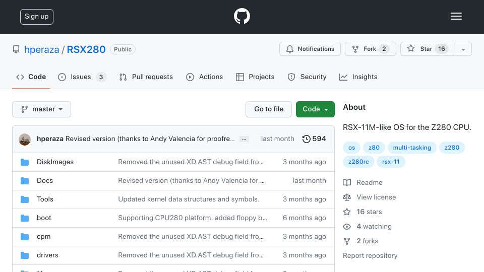 Screenshot of github.com: Dec's OS-like RSX-11M for the Z280 CPU