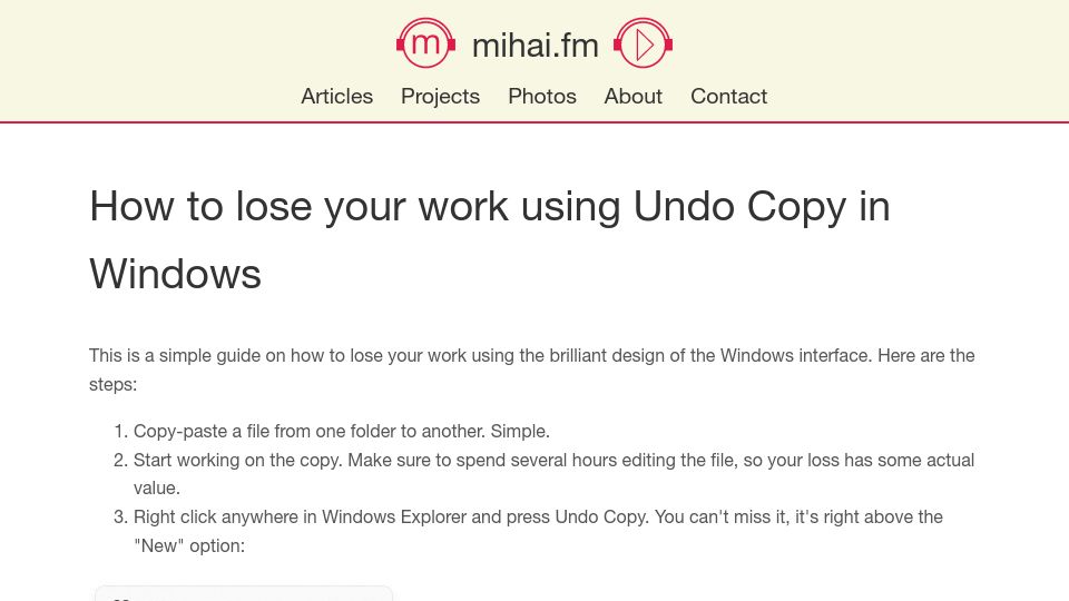 Screenshot of mihai.fm: How to lose your work using Undo Copy in Windows