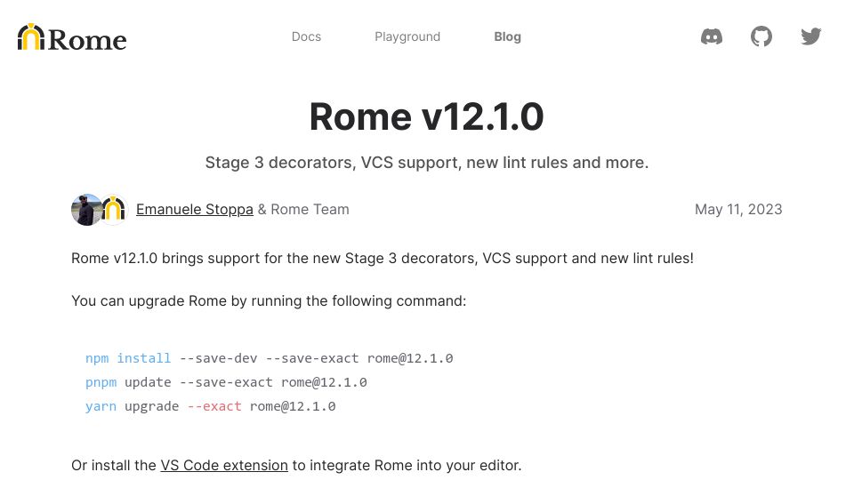 Screenshot of rome.tools: Rome v12.1: a linter formatter for TypeScript, JSX and JSON