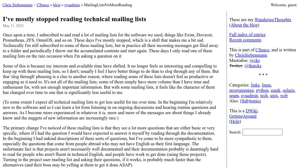 Screenshot of utcc.utoronto.ca: I've mostly stopped reading technical mailing lists