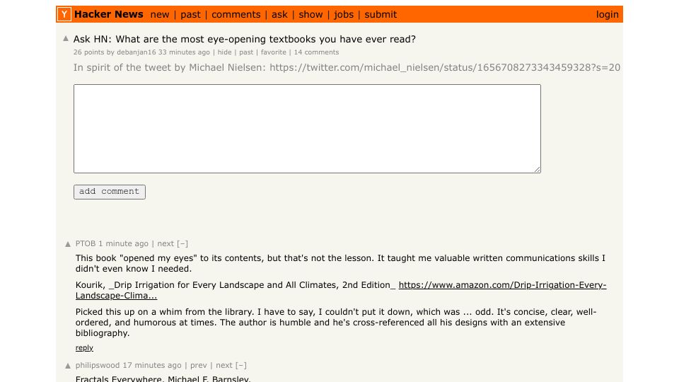 Screenshot of Hacker News post: Ask HN: What are the most eye-opening textbooks you have ever read?