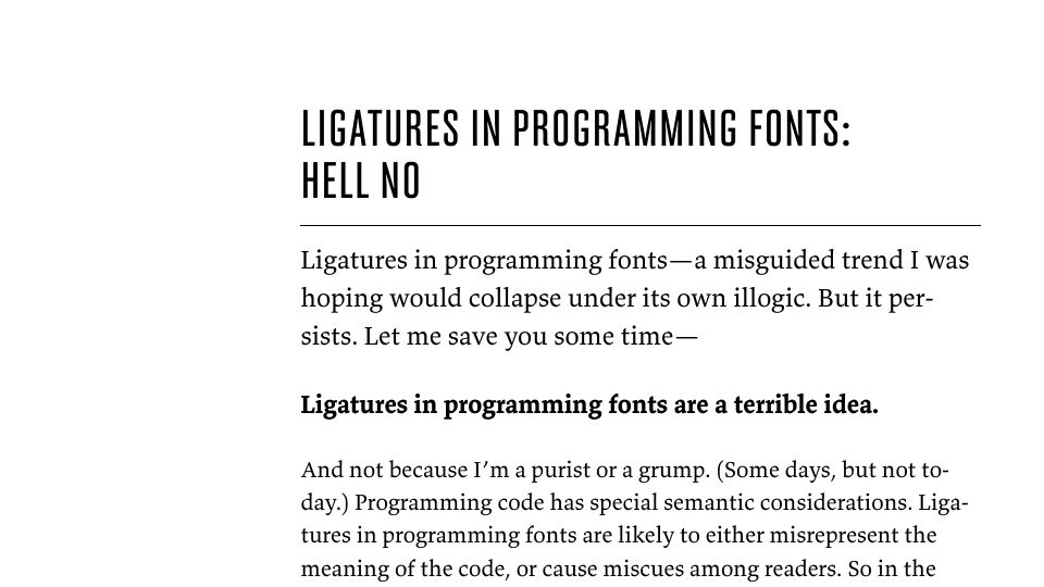 Screenshot of practicaltypography.com: Ligatures in programming fonts: hell no