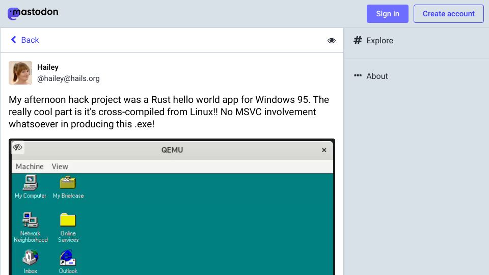 Screenshot of hails.org: Rust hello world app for Windows 95, cross-compiled from Linux, no MSVC