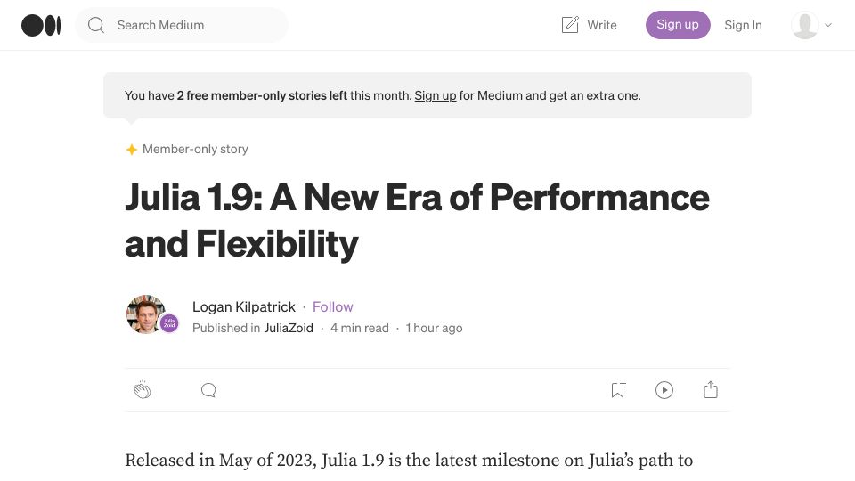 Screenshot of juliazoid.com: Julia 1.9: A New Era of Performance and Flexibility