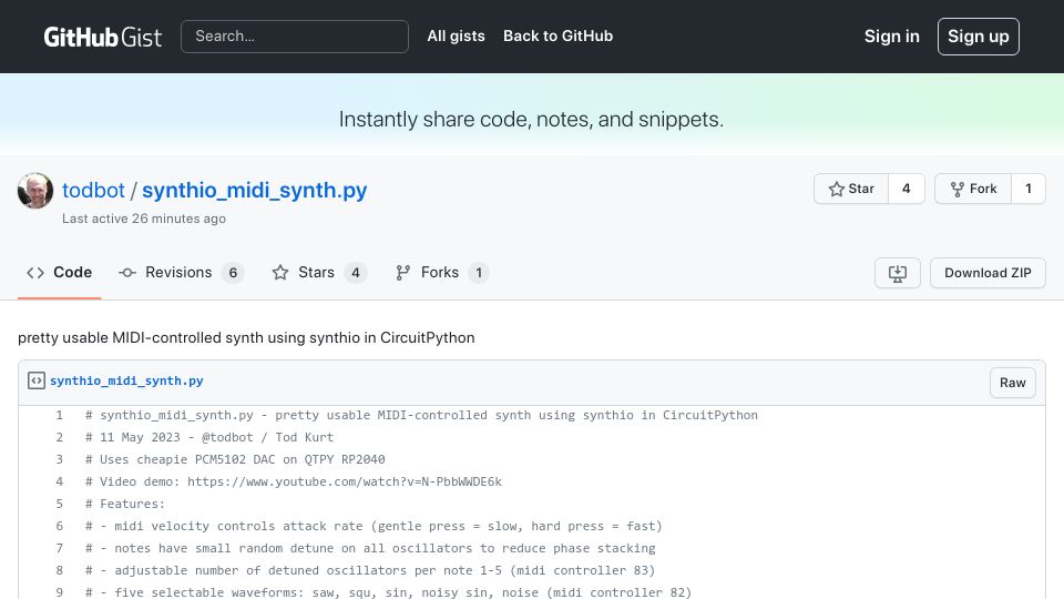 Screenshot of gist.github.com: A RP2040 Powered MIDI-Controlled Synth in CircuitPython