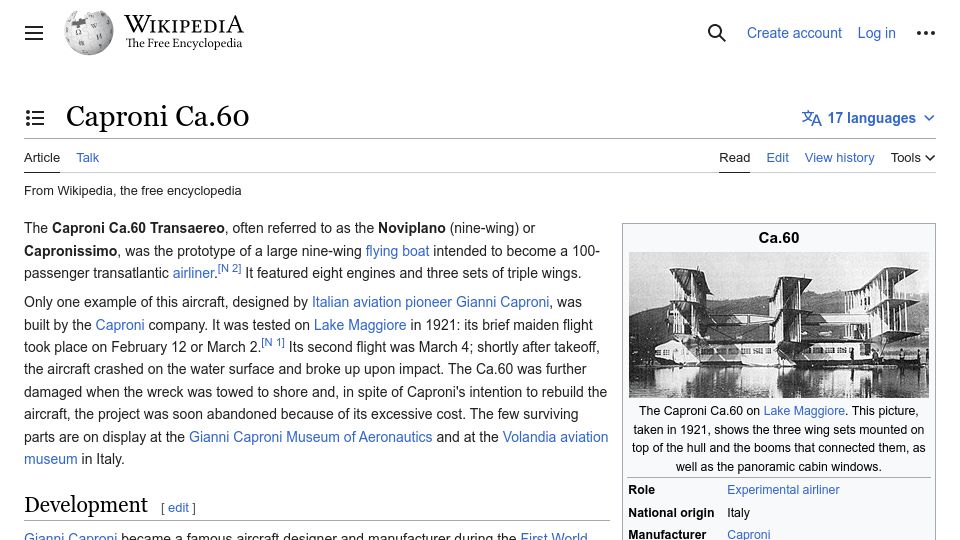 Screenshot of en.wikipedia.org: Caproni Ca.60