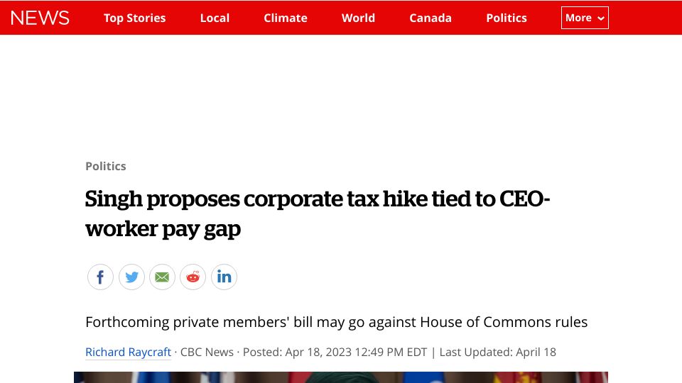Screenshot of cbc.ca: Singh proposes corporate tax hike tied to CEO-worker pay gap