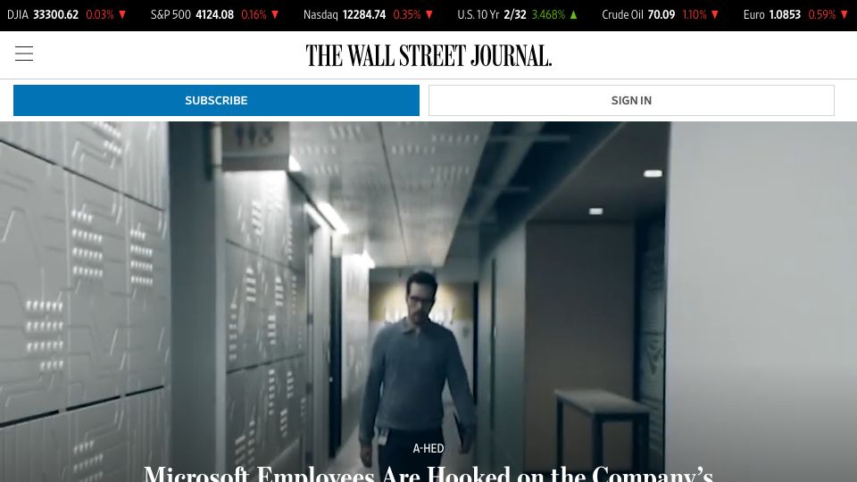 Screenshot of wsj.com: Microsoft employees are hooked on the company’s training videos?