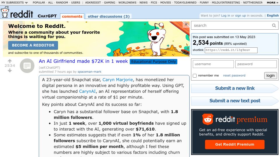 Screenshot of old.reddit.com: An AI Girlfriend made $72K in 1 week