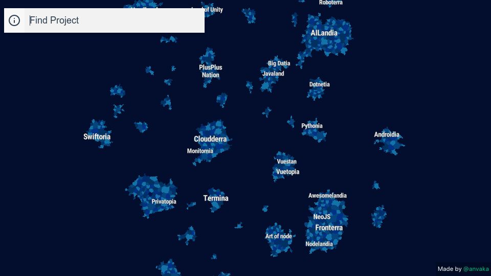 Screenshot of anvaka.github.io: Hundreds of millions of stars turned into a map of GitHub projects