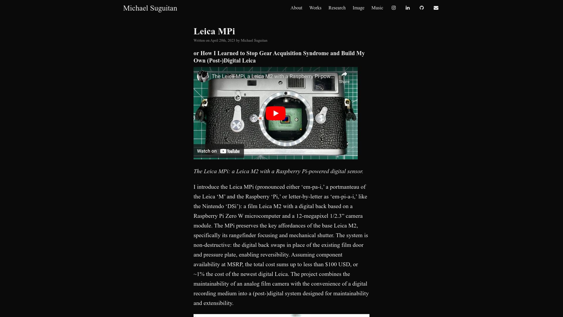 Screenshot of psychomugs.github.io: Show HN: The Leica MPi: A Leica M2 with a Raspberry Pi-Powered Digital Sensor