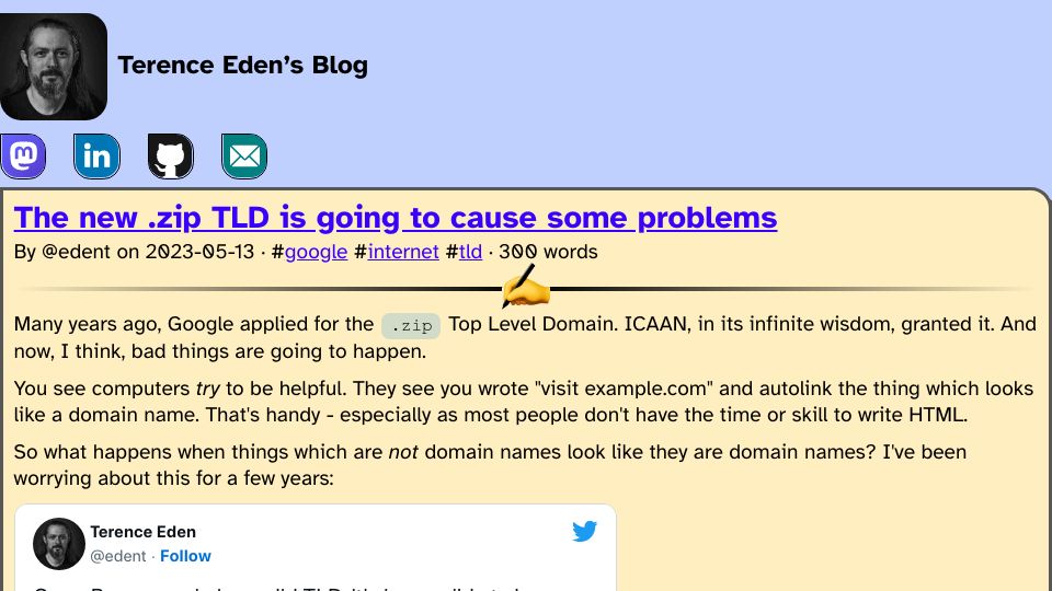 Screenshot of shkspr.mobi: The new .zip TLD is going to cause some problems