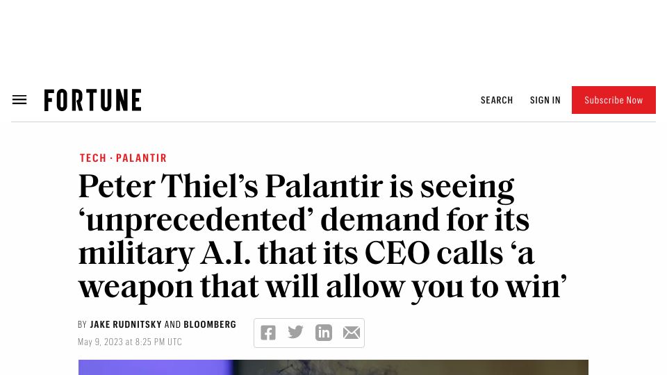 Screenshot of fortune.com: Palantir seeing 'unprecedented' demand for its military AI