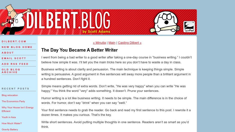 Screenshot of dilbertblog.typepad.com: The day you became a better writer (2007)