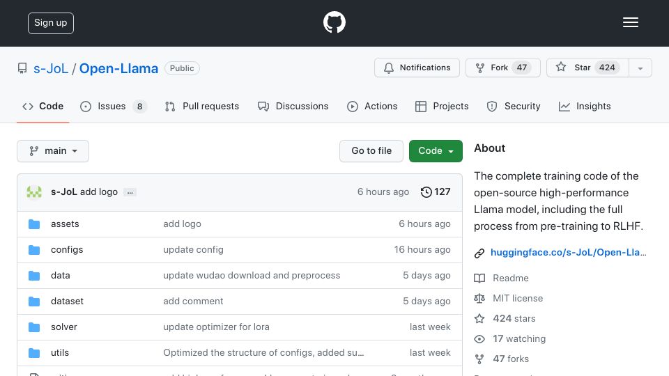 Screenshot of github.com: Open-Llama: Complete training pipeline for building large language models